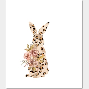 Cute leopard floral boho bunny silhouette illustration Posters and Art